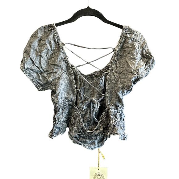 Rebellion Again Acid Wash Black Crop Top Lace-Up Back Flutter Sleeve size L - Picture 1 of 5